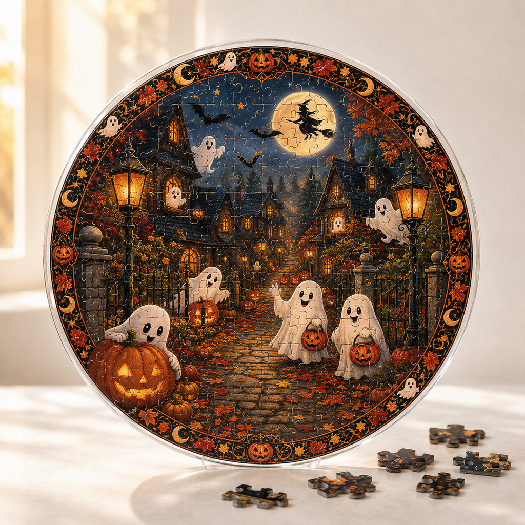 Halloween Acrylic Jigsaw Puzzle Suncatcher - Spooky Street Ghosts