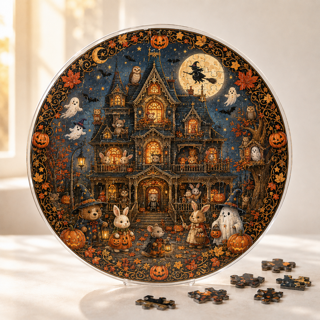 Halloween Acrylic Jigsaw Puzzle Suncatcher - Haunted House & Witch Fly