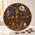 Halloween Acrylic Jigsaw Puzzle Suncatcher - Haunted House & Witch Fly
