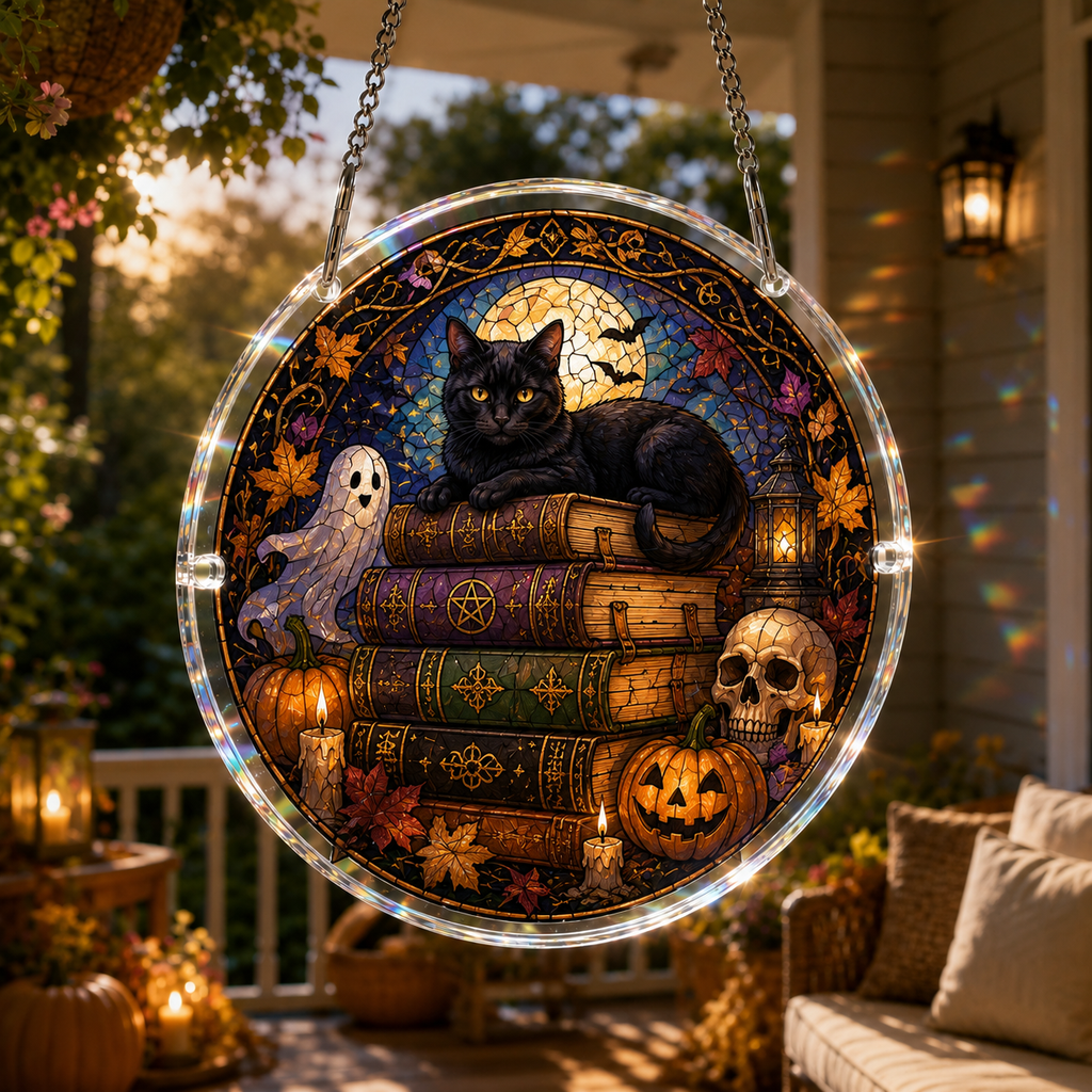 Halloween Acrylic Jigsaw Puzzle Suncatcher - Black Cat on Spooky Spellbooks