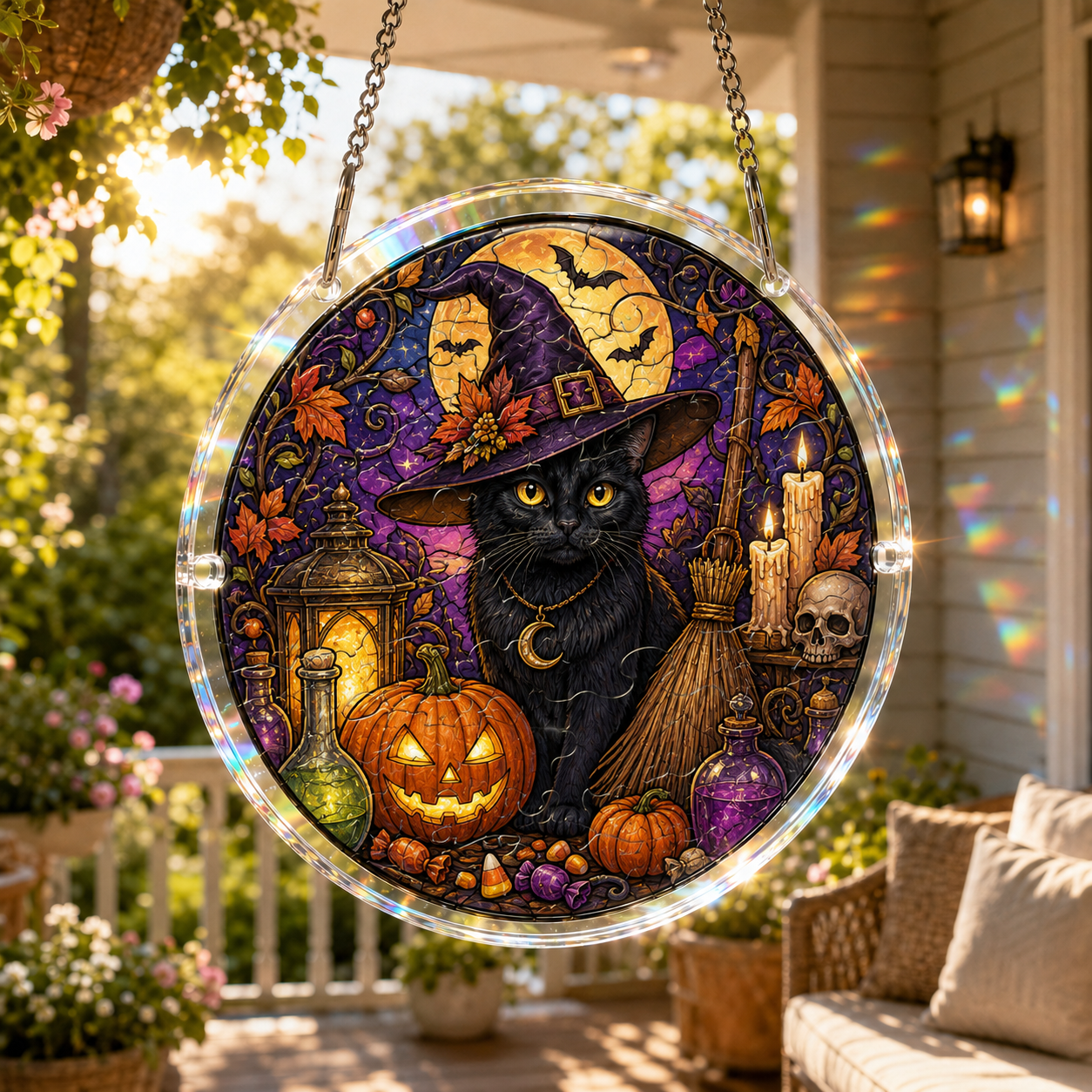 Halloween Acrylic Jigsaw Puzzle Suncatcher - Witch Cat & Purple Night