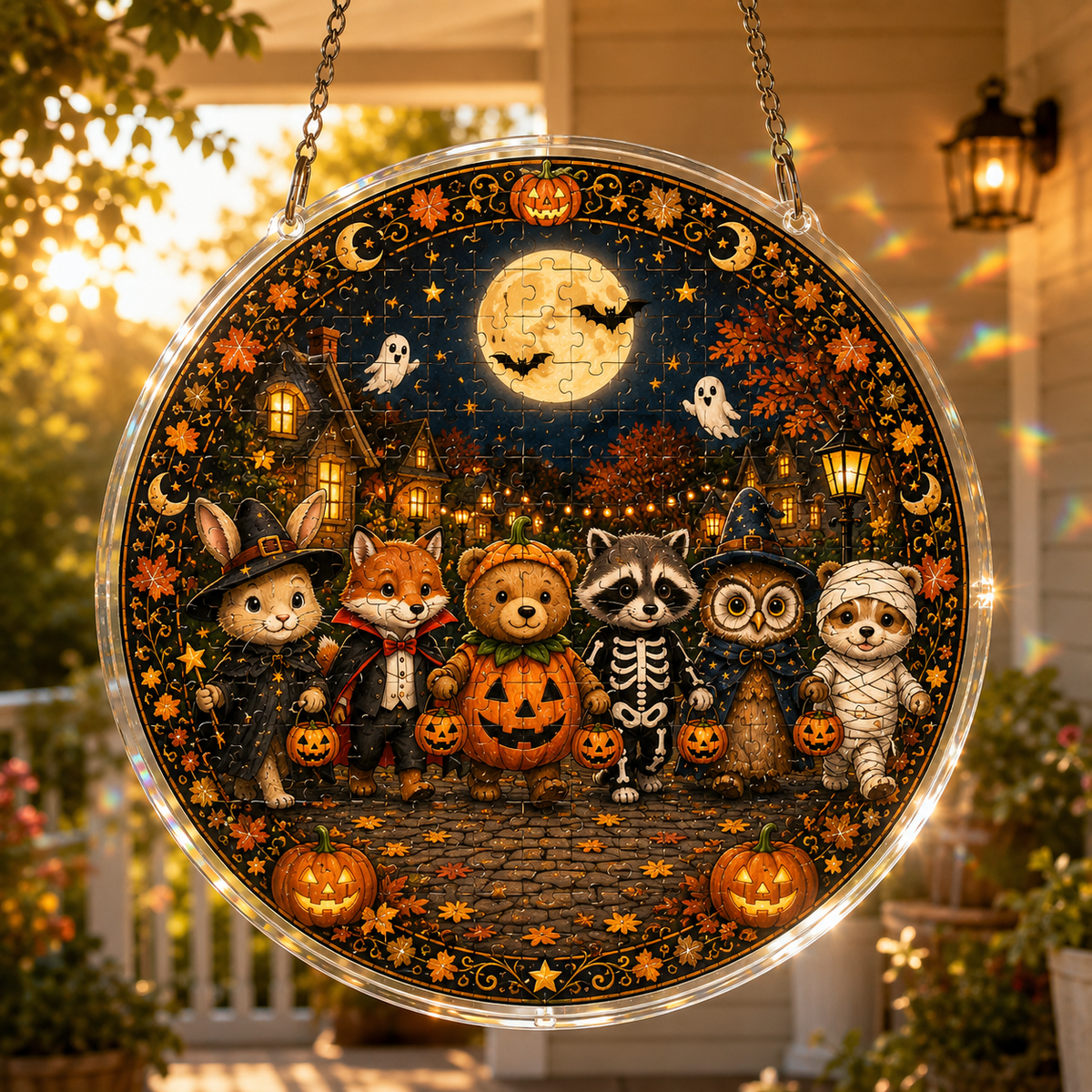 Halloween Acrylic Jigsaw Puzzle Suncatcher - Costume Critters Gathering