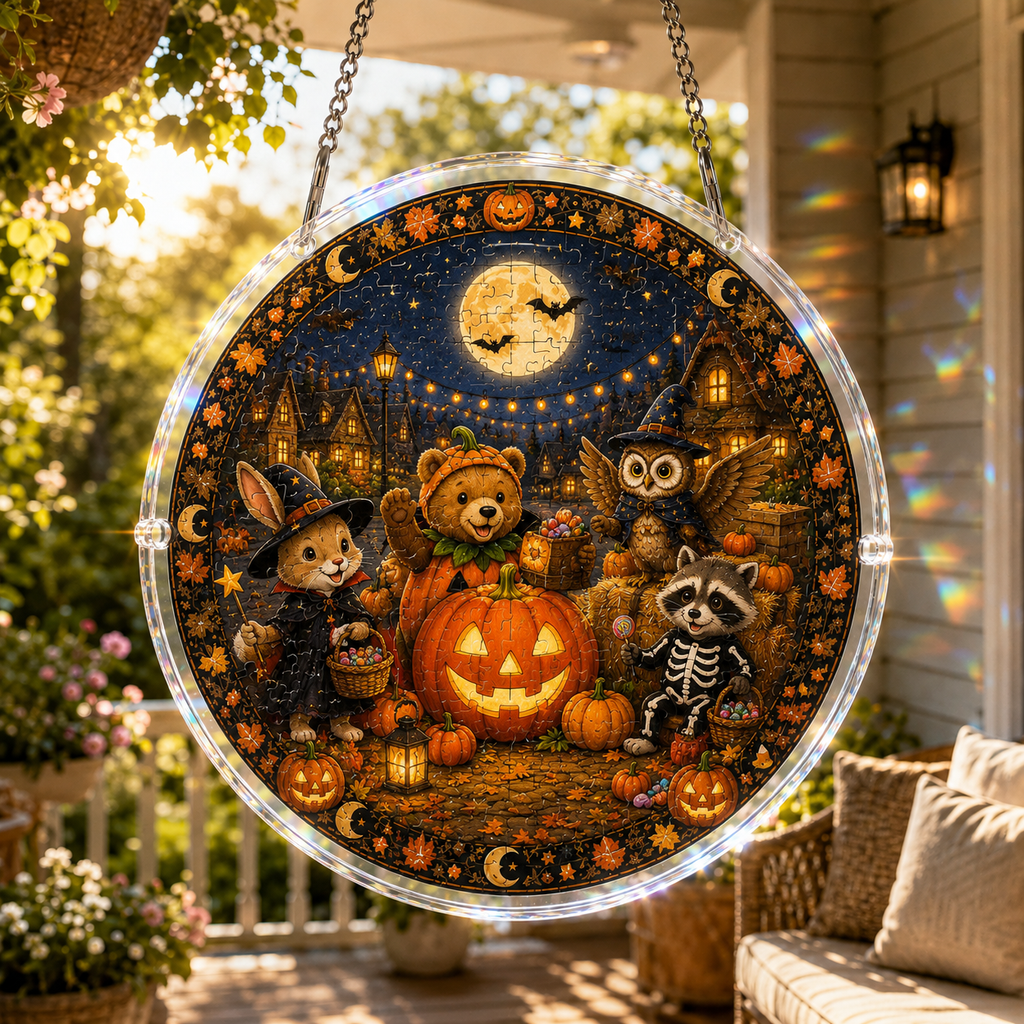 Halloween Acrylic Jigsaw Puzzle Suncatcher - Costume Animals Gathering