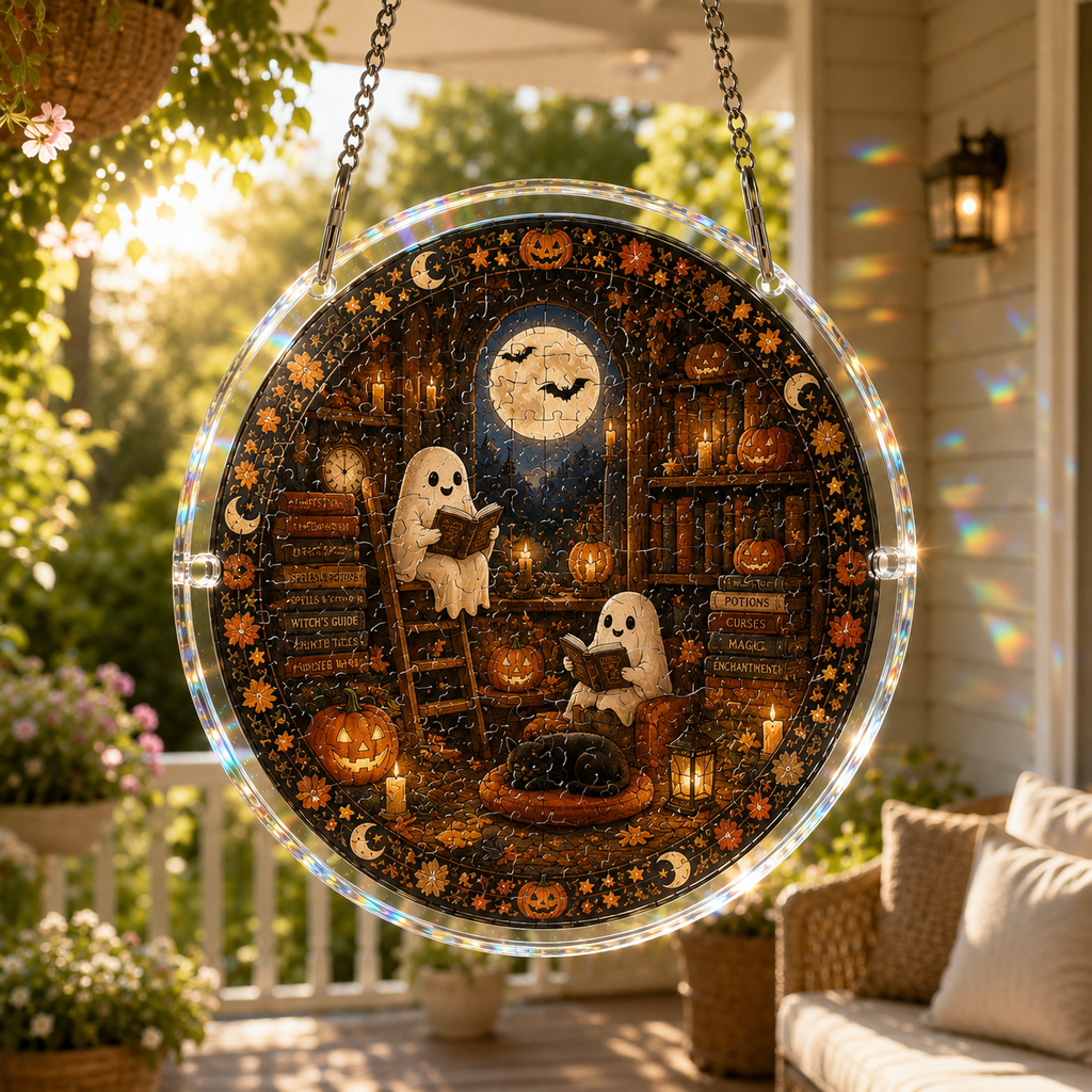 Halloween Acrylic Jigsaw Puzzle Suncatcher - Ghost Library
