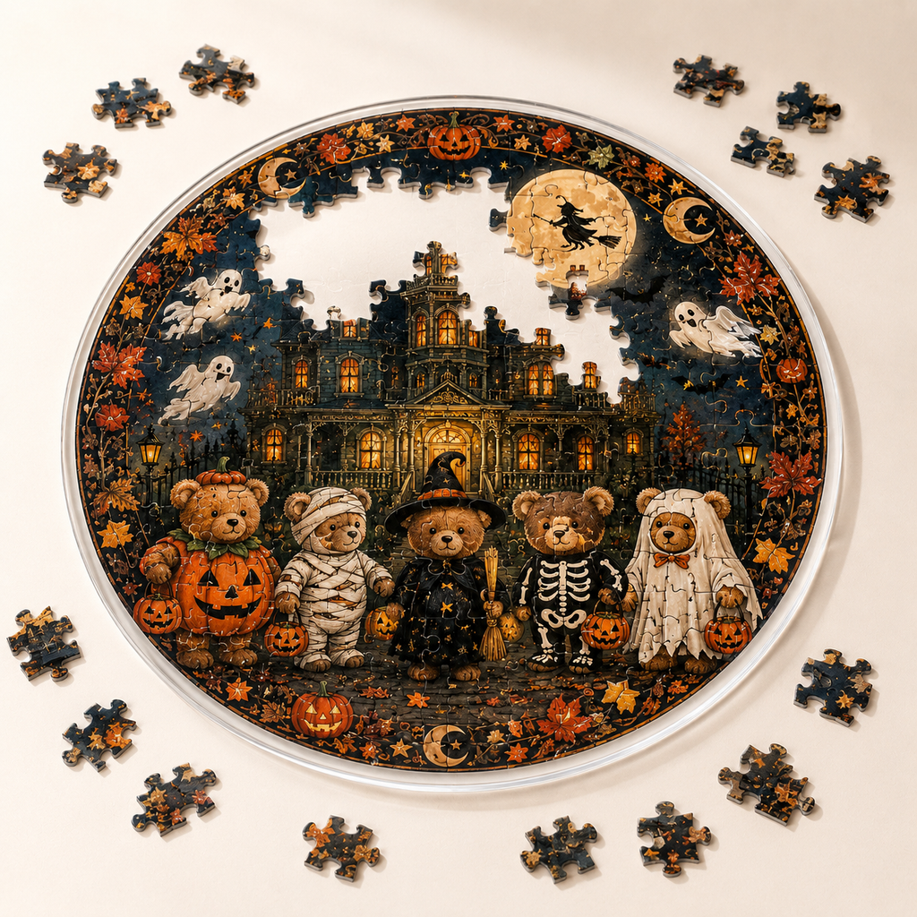 Halloween Acrylic Jigsaw Puzzle Suncatcher - Costumed Teddy Bears Group
