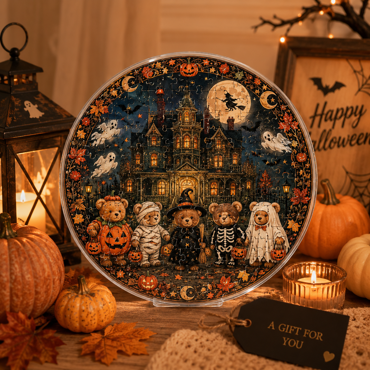 Halloween Acrylic Jigsaw Puzzle Suncatcher - Costumed Teddy Bears Group