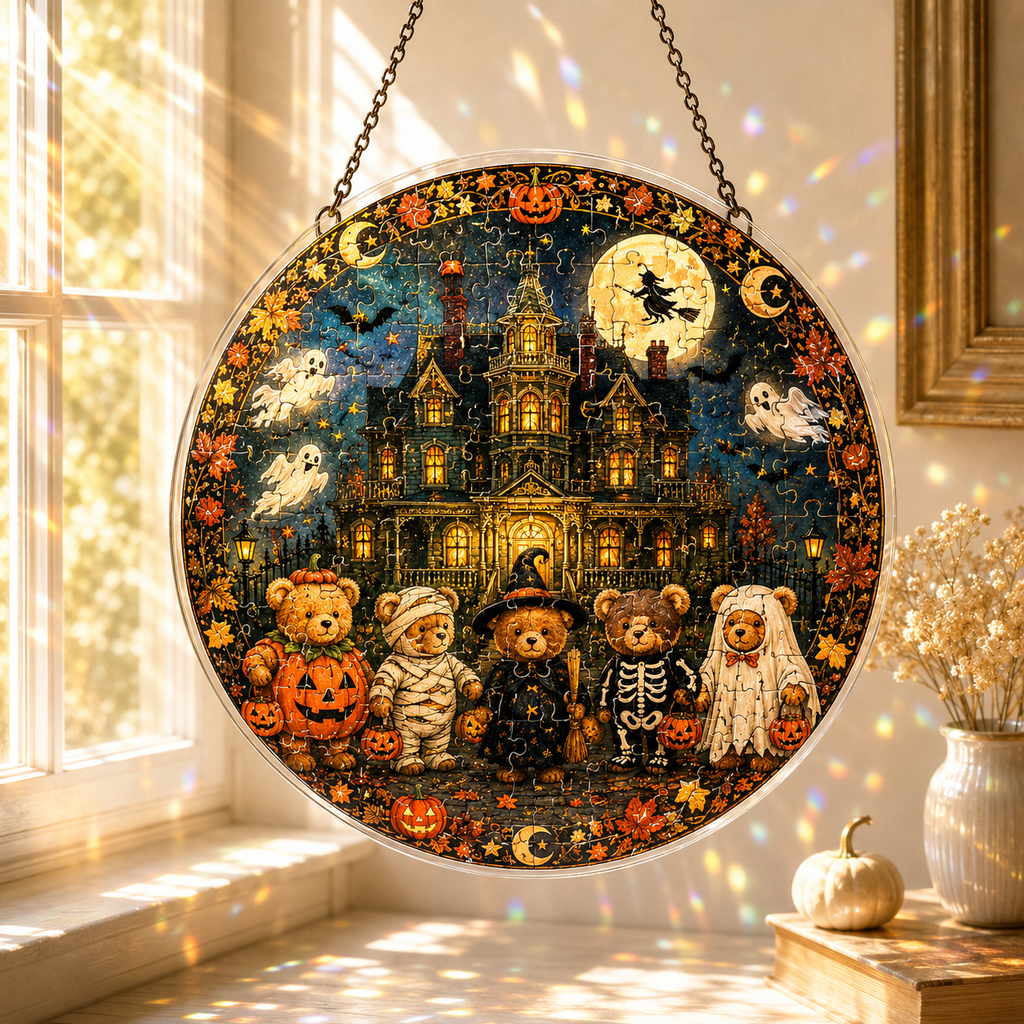 Halloween Acrylic Jigsaw Puzzle Suncatcher - Costumed Teddy Bears Group