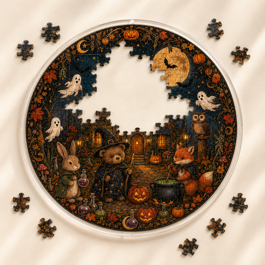 Halloween Acrylic Jigsaw Puzzle Suncatcher - Forest Animals Magic Cottage