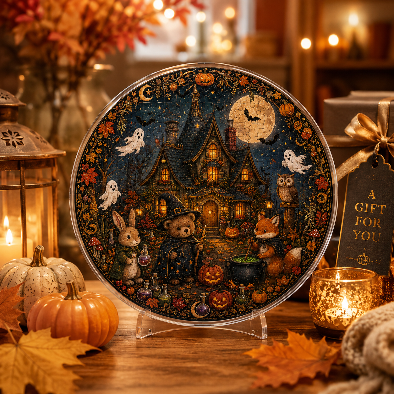 Halloween Acrylic Jigsaw Puzzle Suncatcher - Forest Animals Magic Cottage