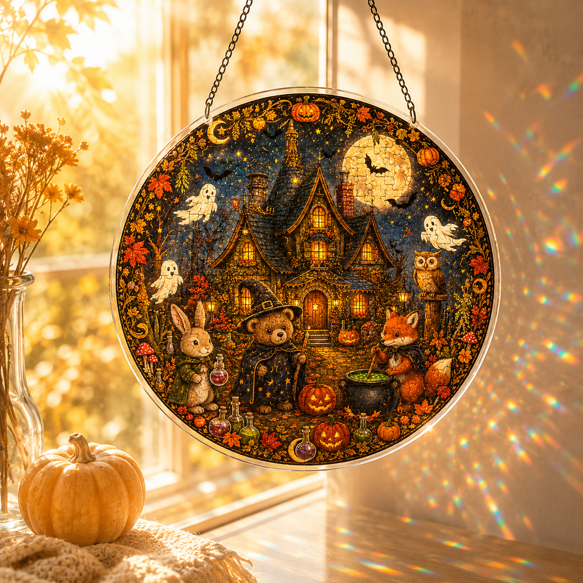 Halloween Acrylic Jigsaw Puzzle Suncatcher - Forest Animals Magic Cottage