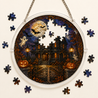 Halloween Acrylic Jigsaw Puzzle Suncatcher - Gothic Haunted House & Moon
