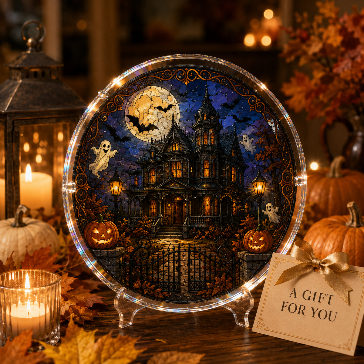 Halloween Acrylic Jigsaw Puzzle Suncatcher - Gothic Haunted House & Moon
