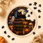 Halloween Acrylic Jigsaw Puzzle Suncatcher - Black Cat on Spooky Spellbooks