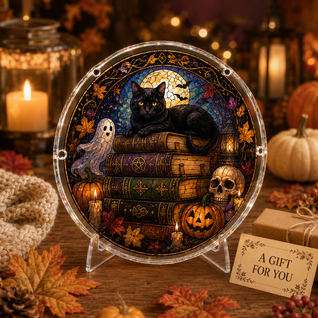Halloween Acrylic Jigsaw Puzzle Suncatcher - Black Cat on Spooky Spellbooks