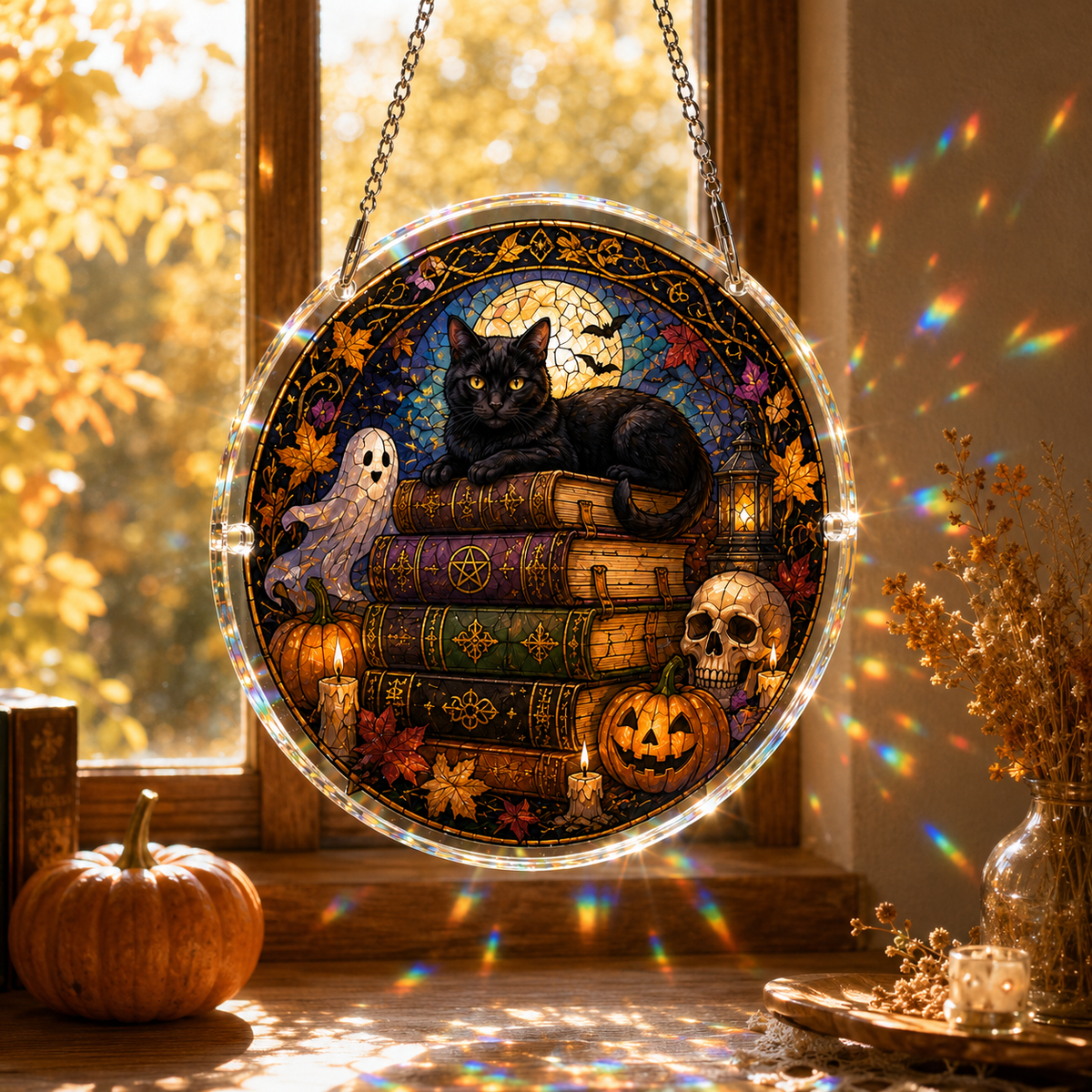Halloween Acrylic Jigsaw Puzzle Suncatcher - Black Cat on Spooky Spellbooks