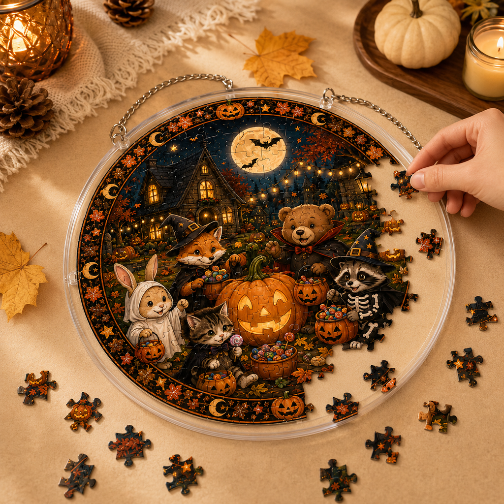 Halloween Acrylic Jigsaw Puzzle Suncatcher - Trick-or-Treat Forest Friends