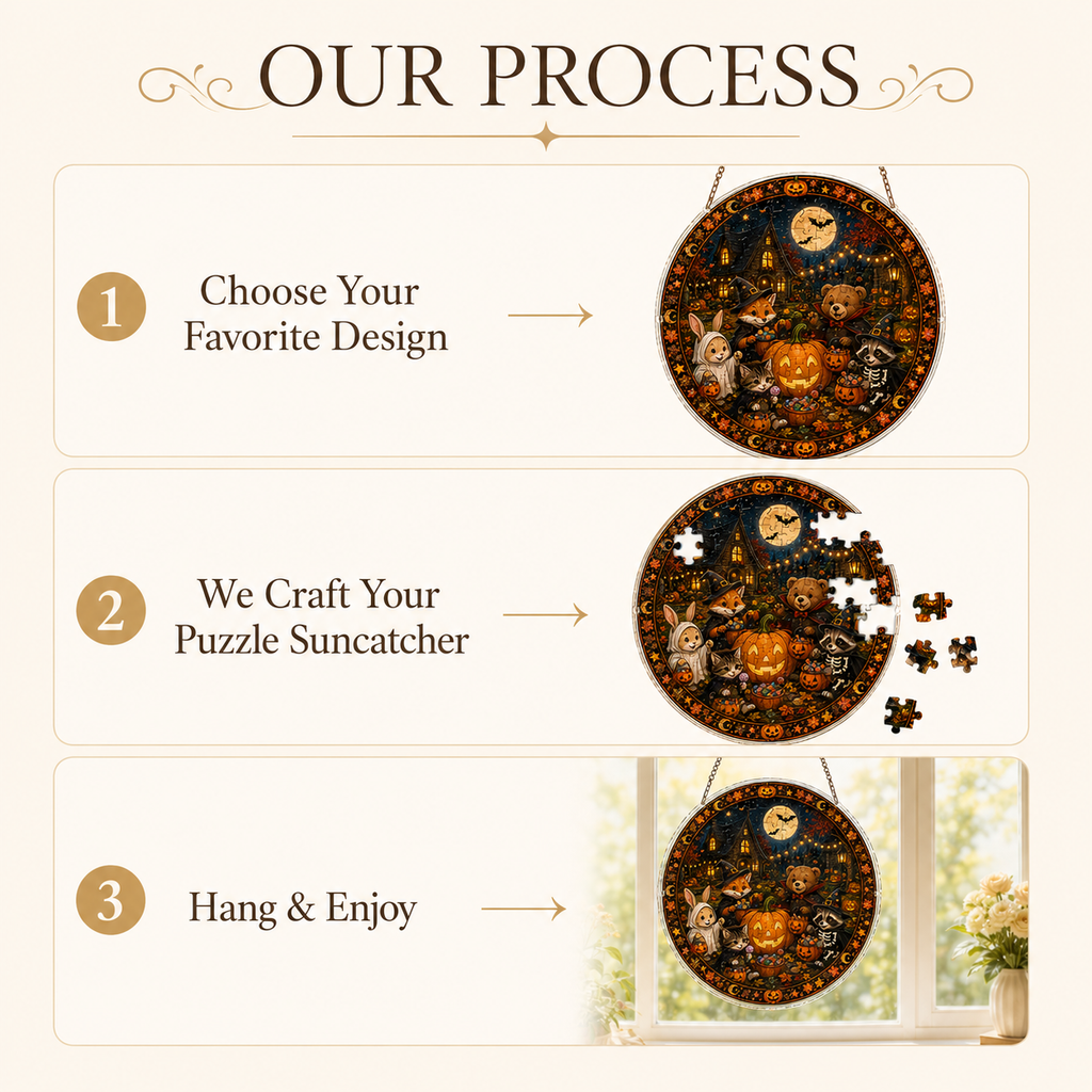 Halloween Acrylic Jigsaw Puzzle Suncatcher - Trick-or-Treat Forest Friends