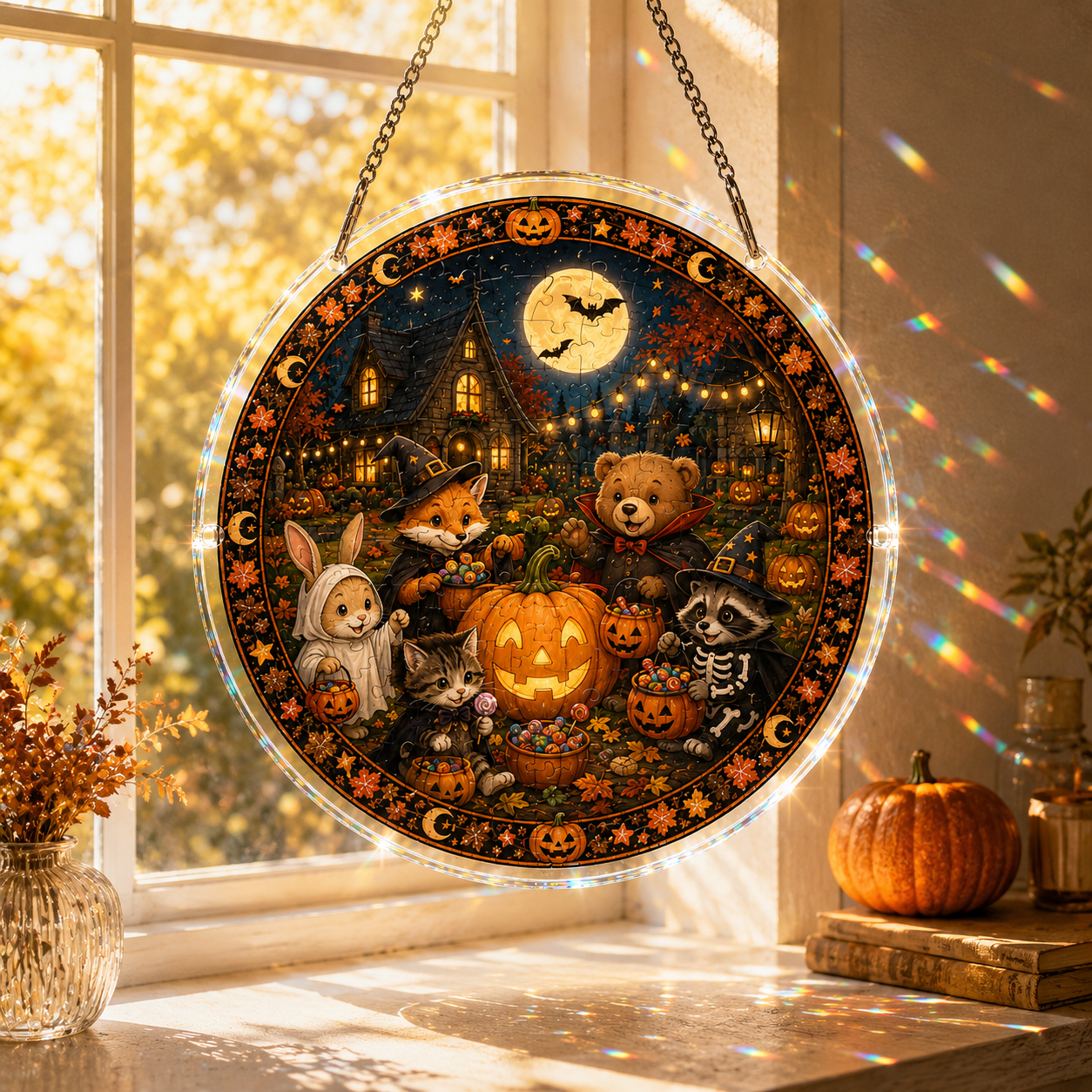 Halloween Acrylic Jigsaw Puzzle Suncatcher - Trick-or-Treat Forest Friends