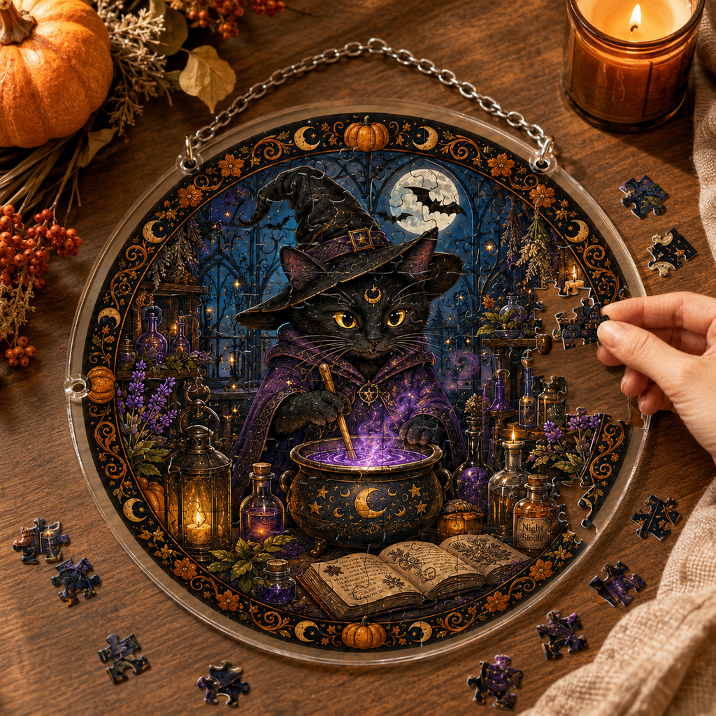 Halloween Acrylic Jigsaw Puzzle Suncatcher - Black Cat Witch Brewing Potion