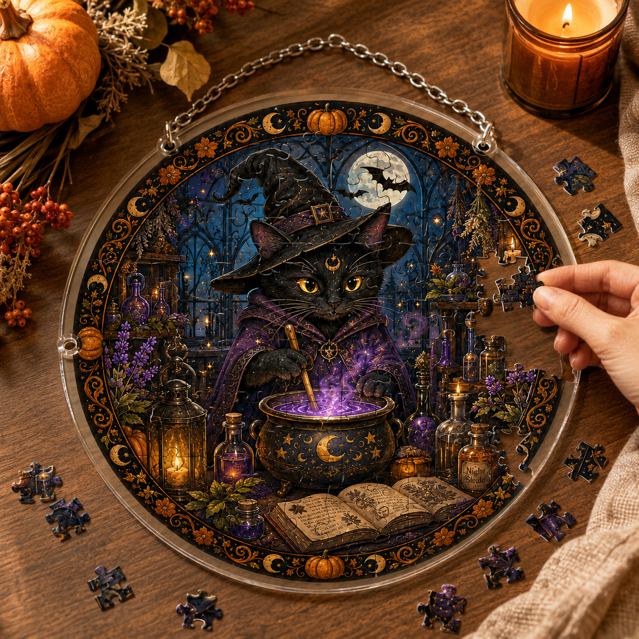 Halloween Acrylic Jigsaw Puzzle Suncatcher - Black Cat Witch Brewing Potion