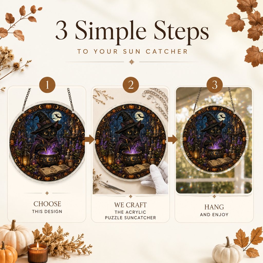 Halloween Acrylic Jigsaw Puzzle Suncatcher - Black Cat Witch Brewing Potion