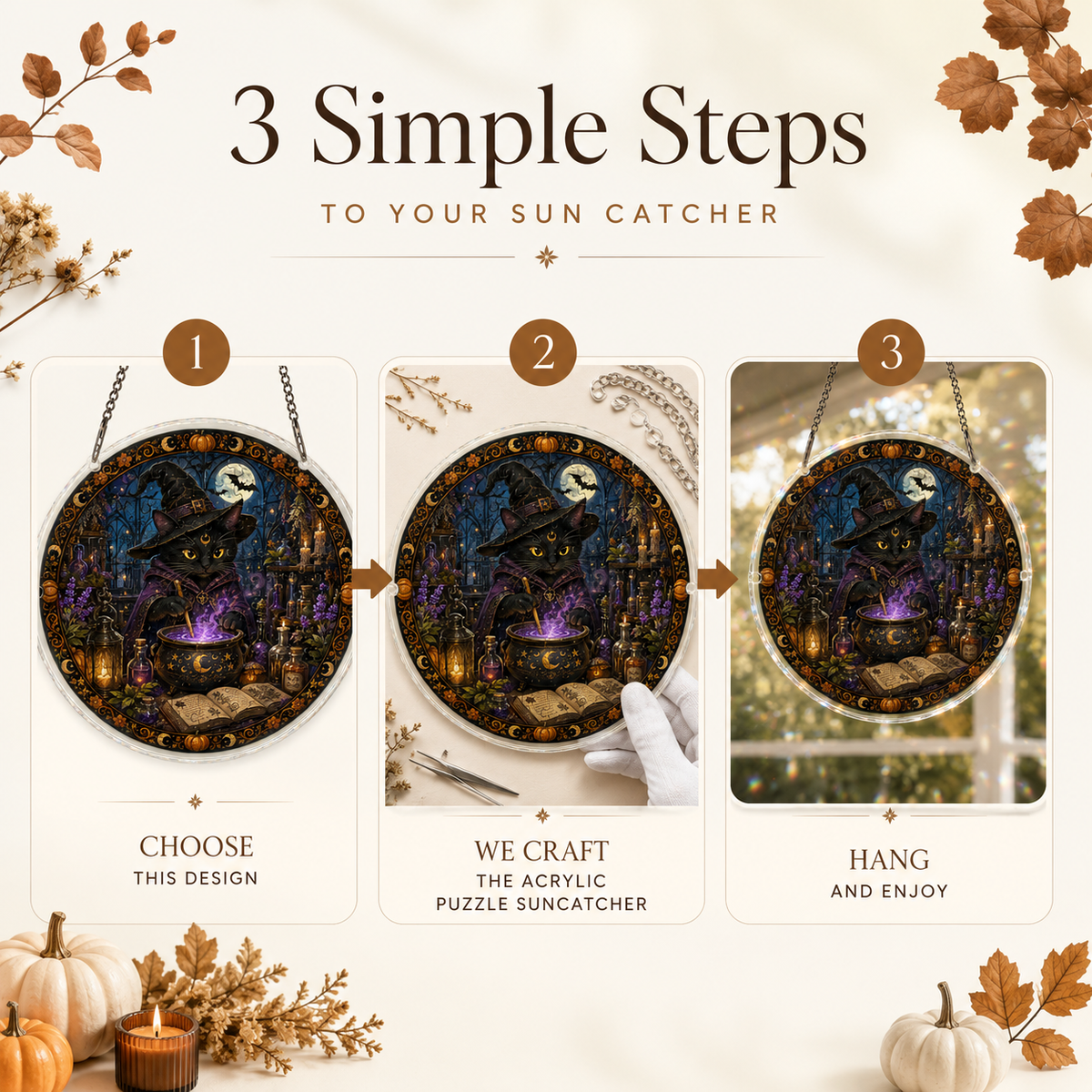Halloween Acrylic Jigsaw Puzzle Suncatcher - Black Cat Witch Brewing Potion