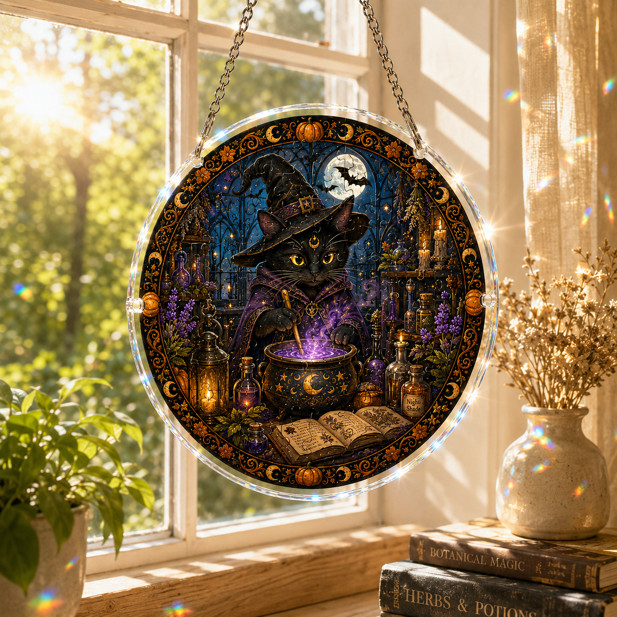 Halloween Acrylic Jigsaw Puzzle Suncatcher - Black Cat Witch Brewing Potion