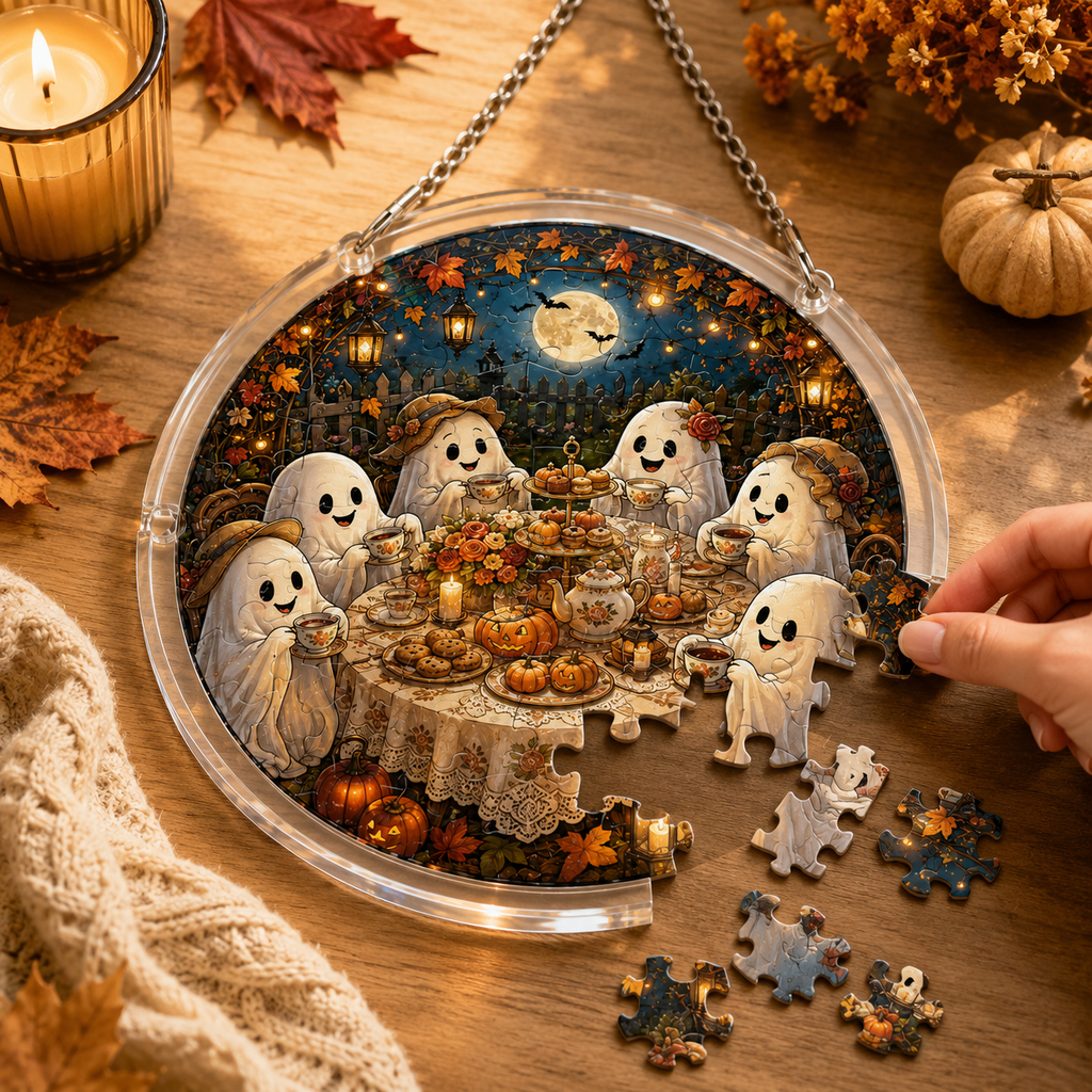 Halloween Acrylic Jigsaw Puzzle Suncatcher - Cute Ghosts Tea Party
