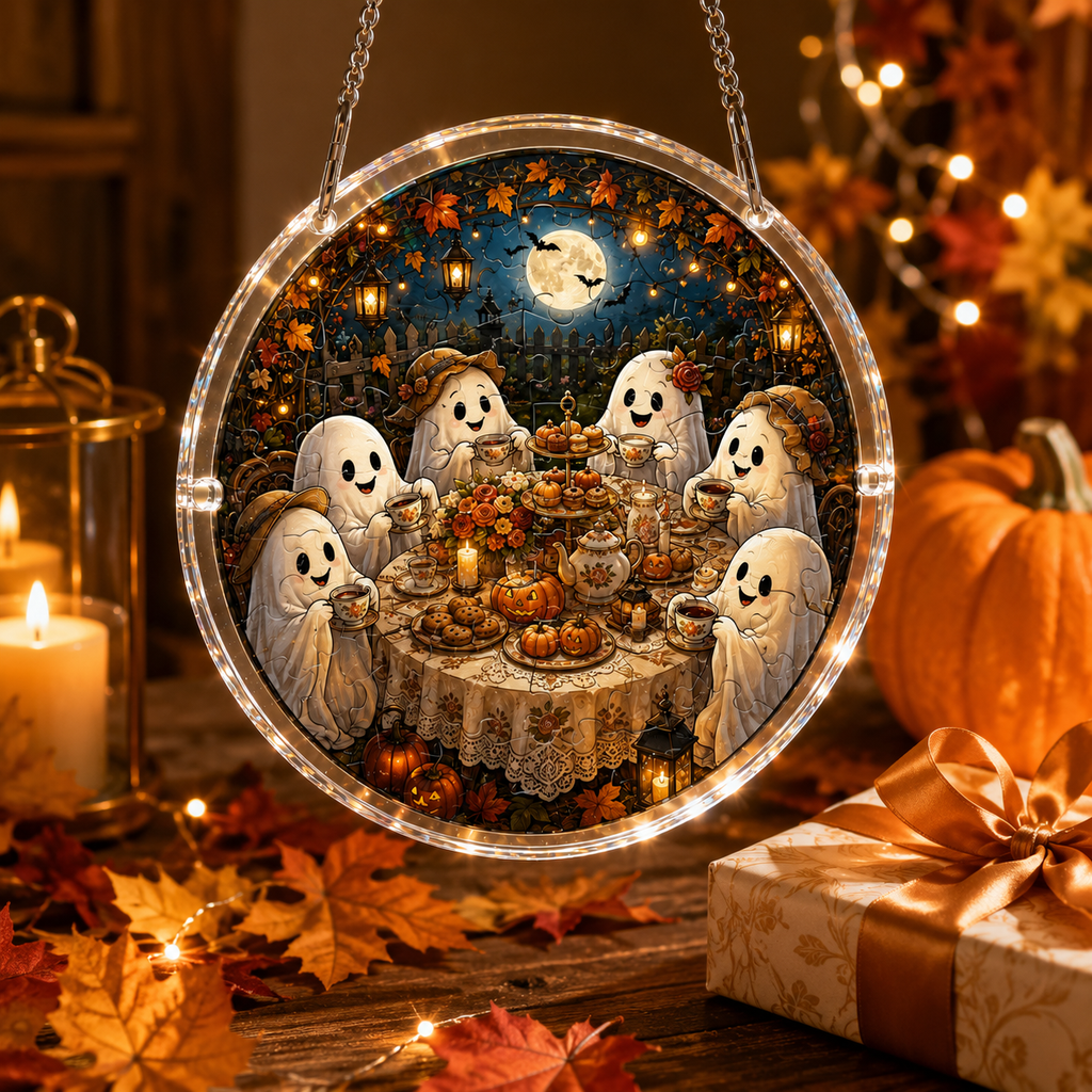 Halloween Acrylic Jigsaw Puzzle Suncatcher - Cute Ghosts Tea Party