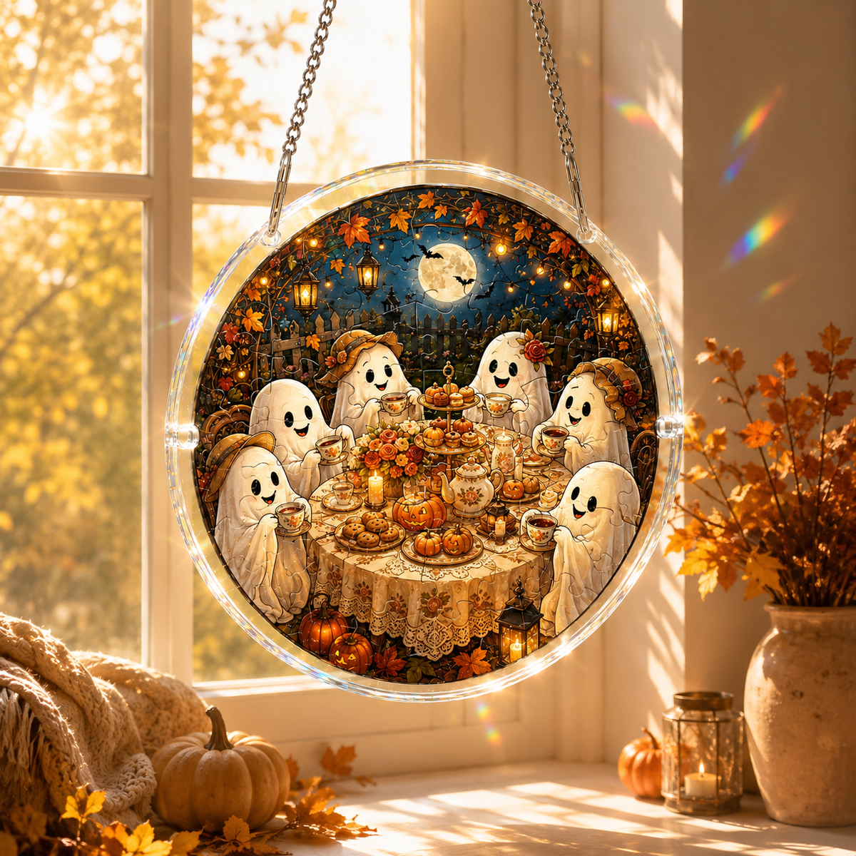 Halloween Acrylic Jigsaw Puzzle Suncatcher - Cute Ghosts Tea Party