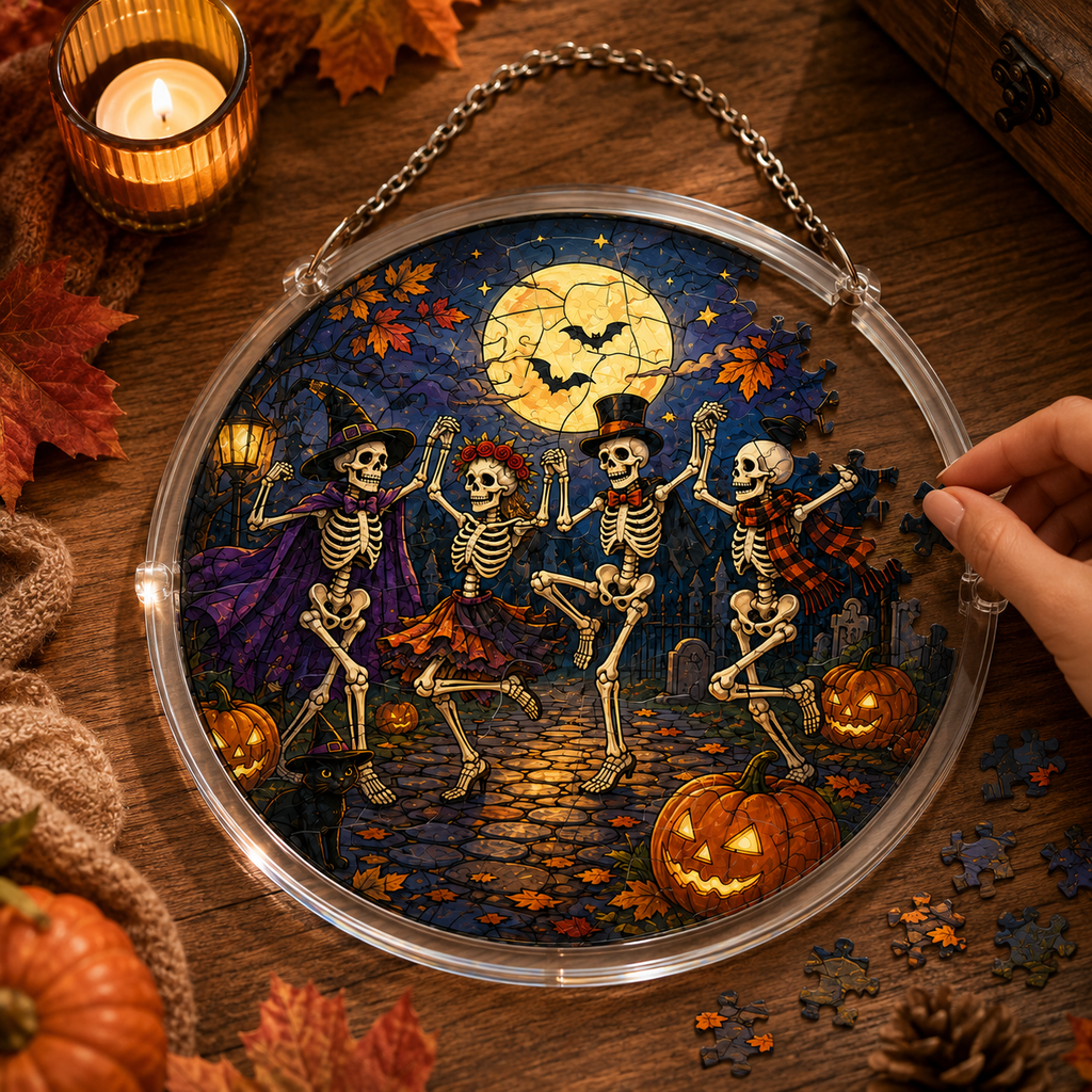 Halloween Acrylic Jigsaw Puzzle Suncatcher - Dancing Skeletons Celebration