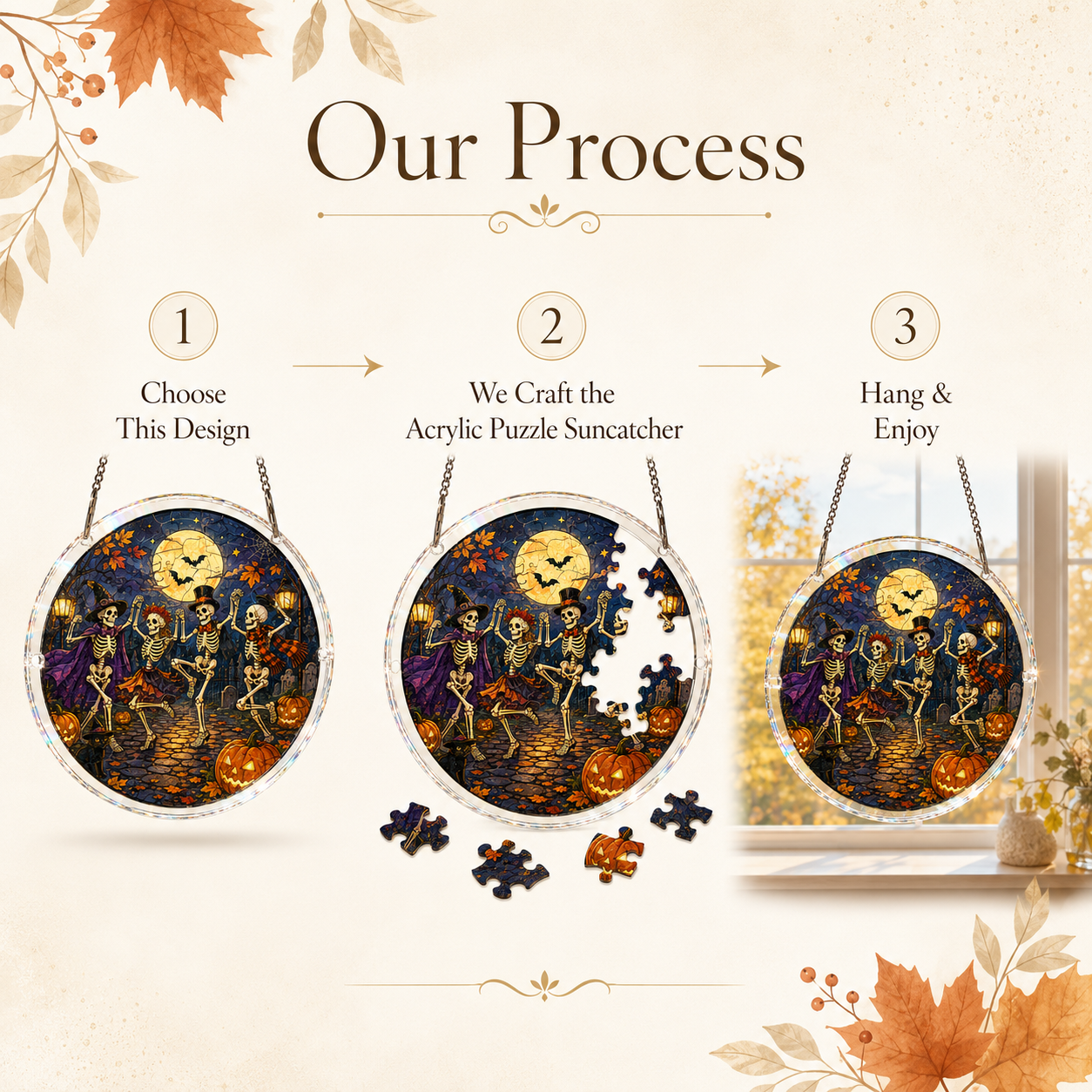 Halloween Acrylic Jigsaw Puzzle Suncatcher - Dancing Skeletons Celebration