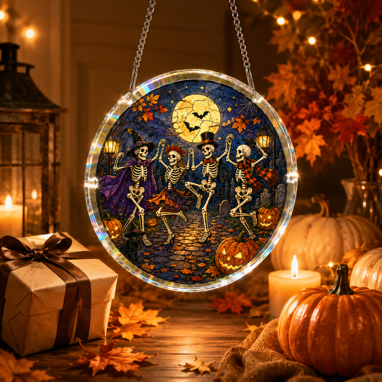 Halloween Acrylic Jigsaw Puzzle Suncatcher - Dancing Skeletons Celebration
