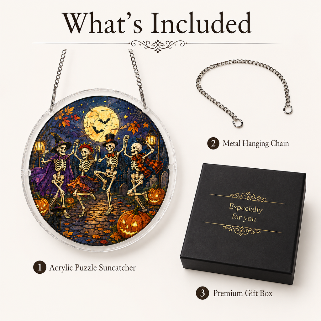 Halloween Acrylic Jigsaw Puzzle Suncatcher - Dancing Skeletons Celebration