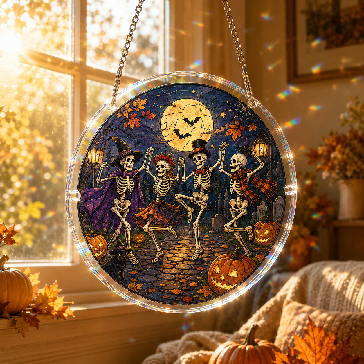 Halloween Acrylic Jigsaw Puzzle Suncatcher - Dancing Skeletons Celebration