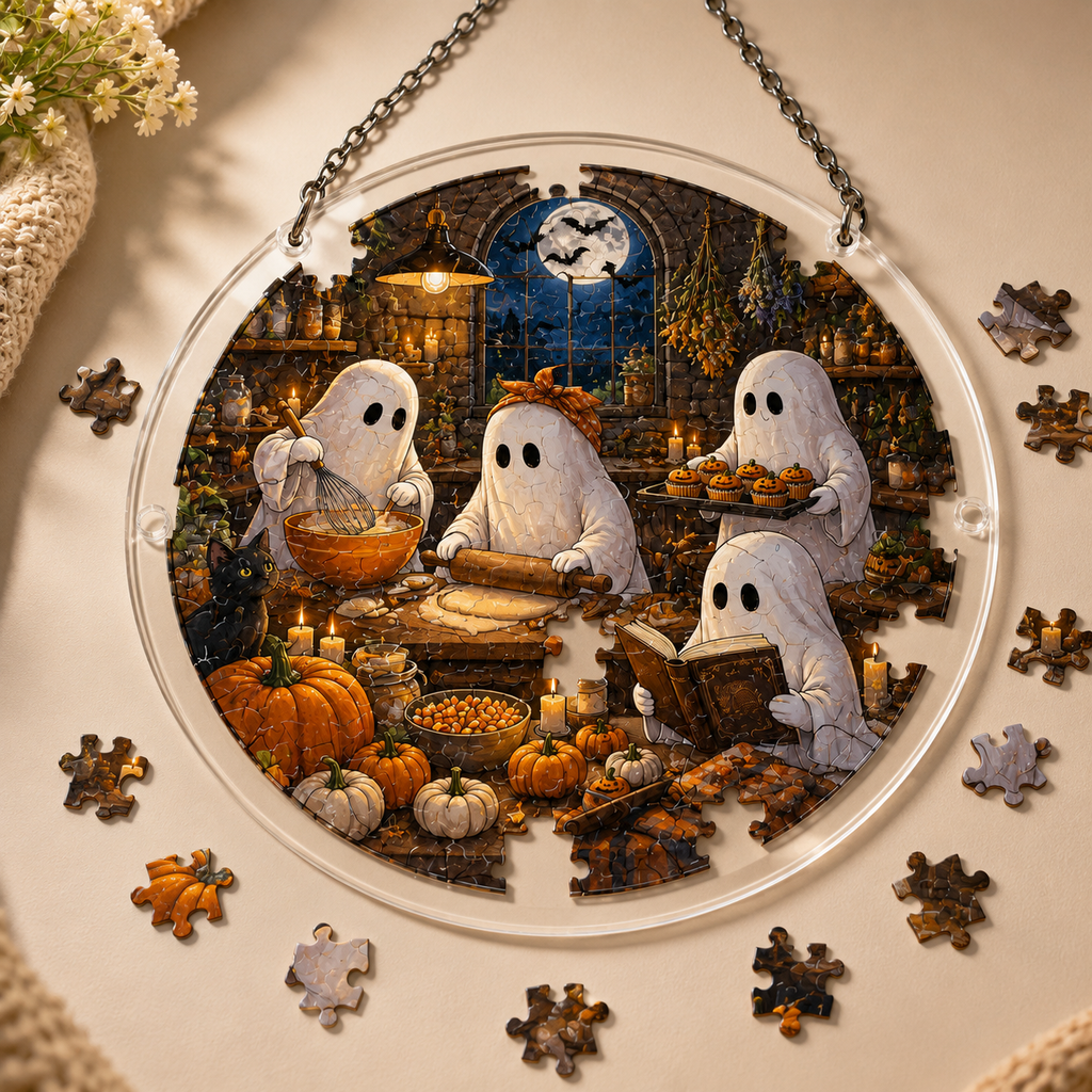 Halloween Acrylic Jigsaw Puzzle Suncatcher - Ghost Bakers Kitchen Scene