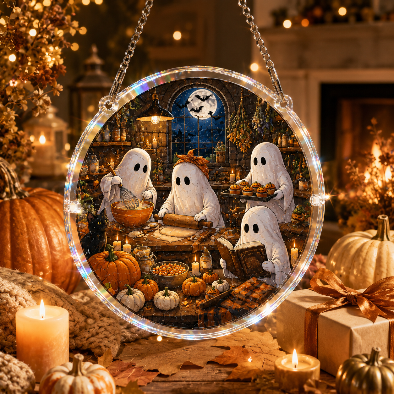 Halloween Acrylic Jigsaw Puzzle Suncatcher - Ghost Bakers Kitchen Scene