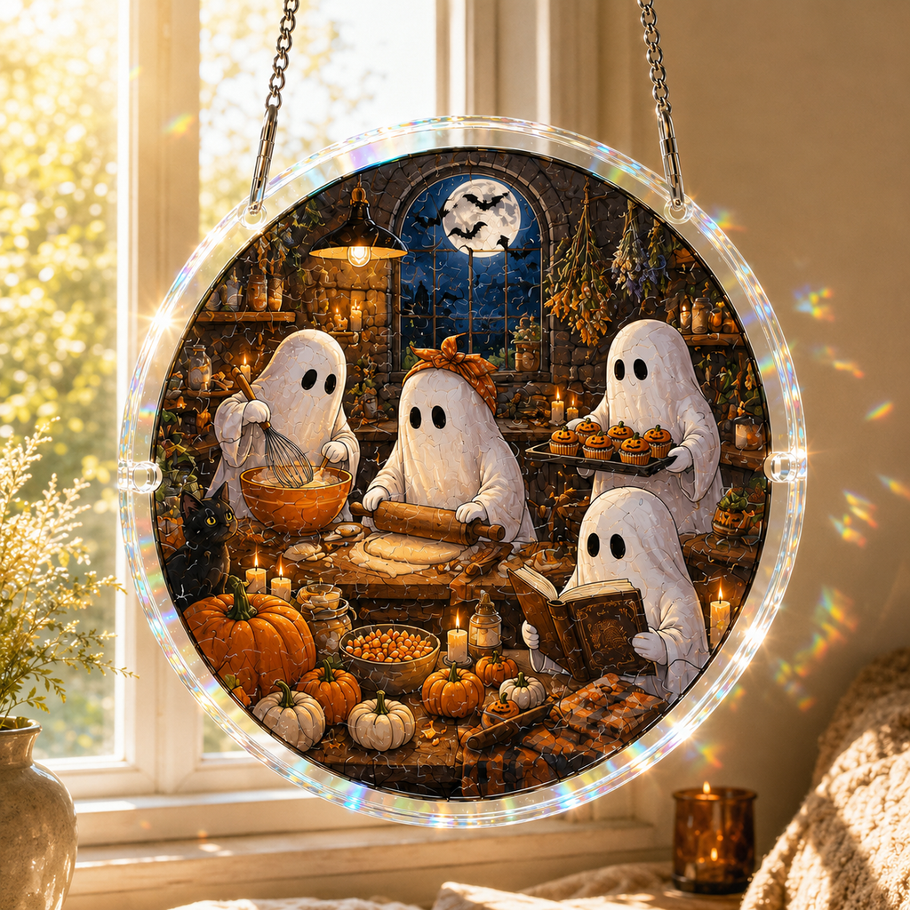 Halloween Acrylic Jigsaw Puzzle Suncatcher - Ghost Bakers Kitchen Scene