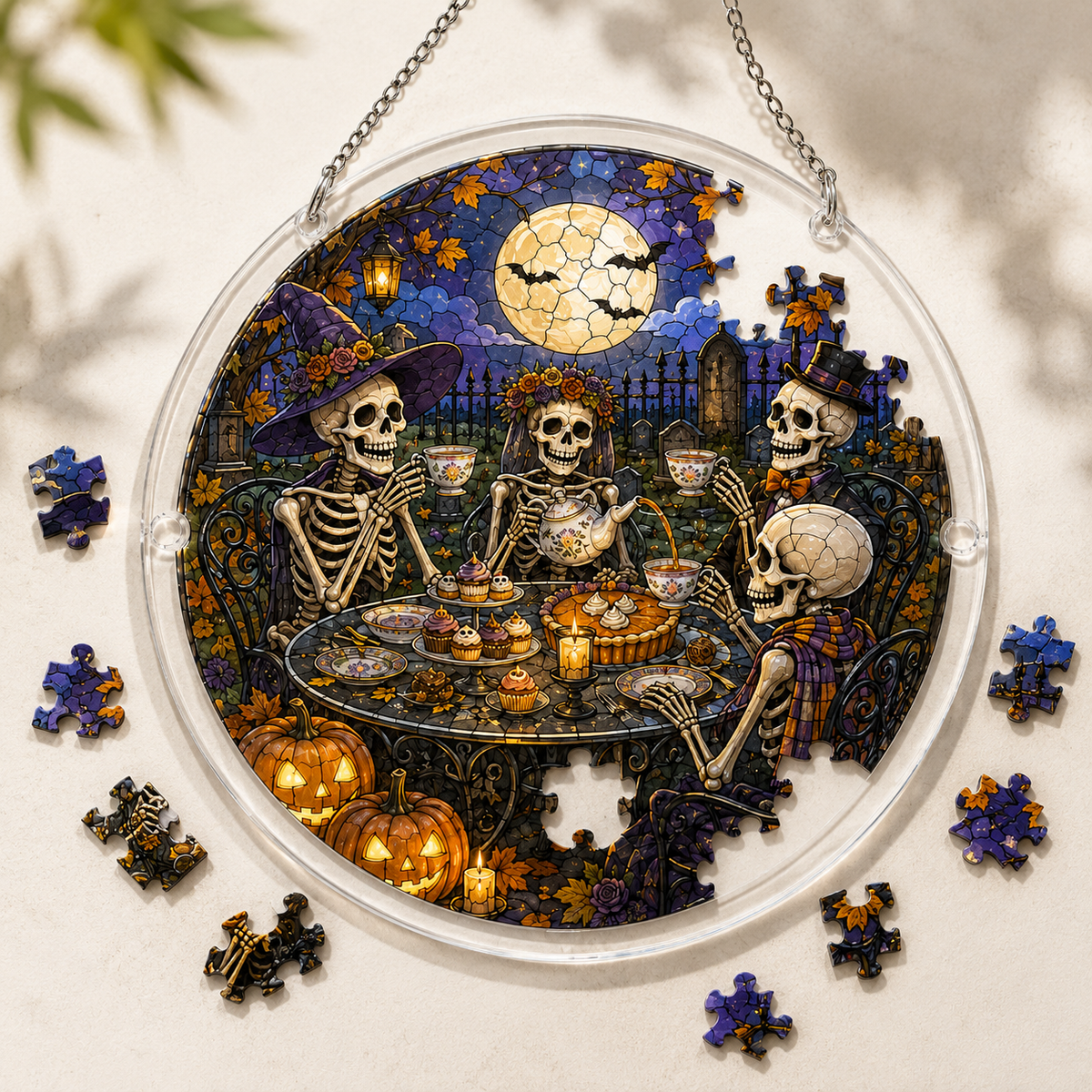 Halloween Acrylic Jigsaw Puzzle Suncatcher - Skeleton Garden Tea Party
