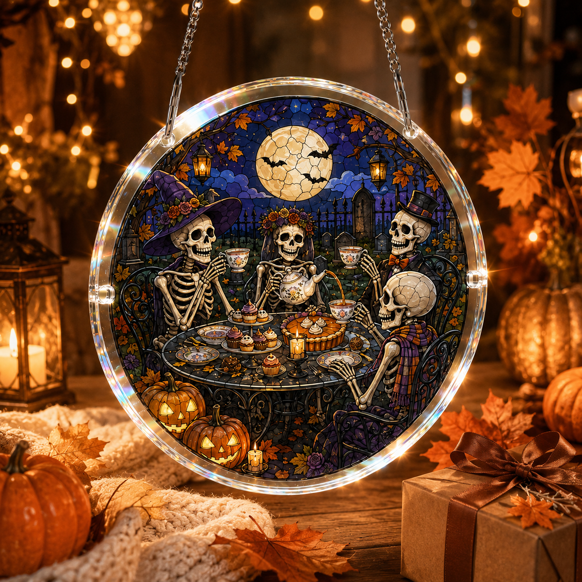Halloween Acrylic Jigsaw Puzzle Suncatcher - Skeleton Garden Tea Party