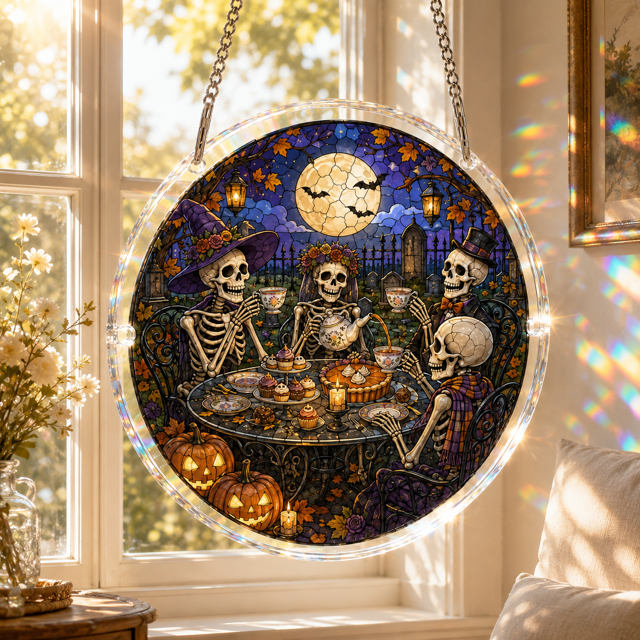 Halloween Acrylic Jigsaw Puzzle Suncatcher - Skeleton Garden Tea Party