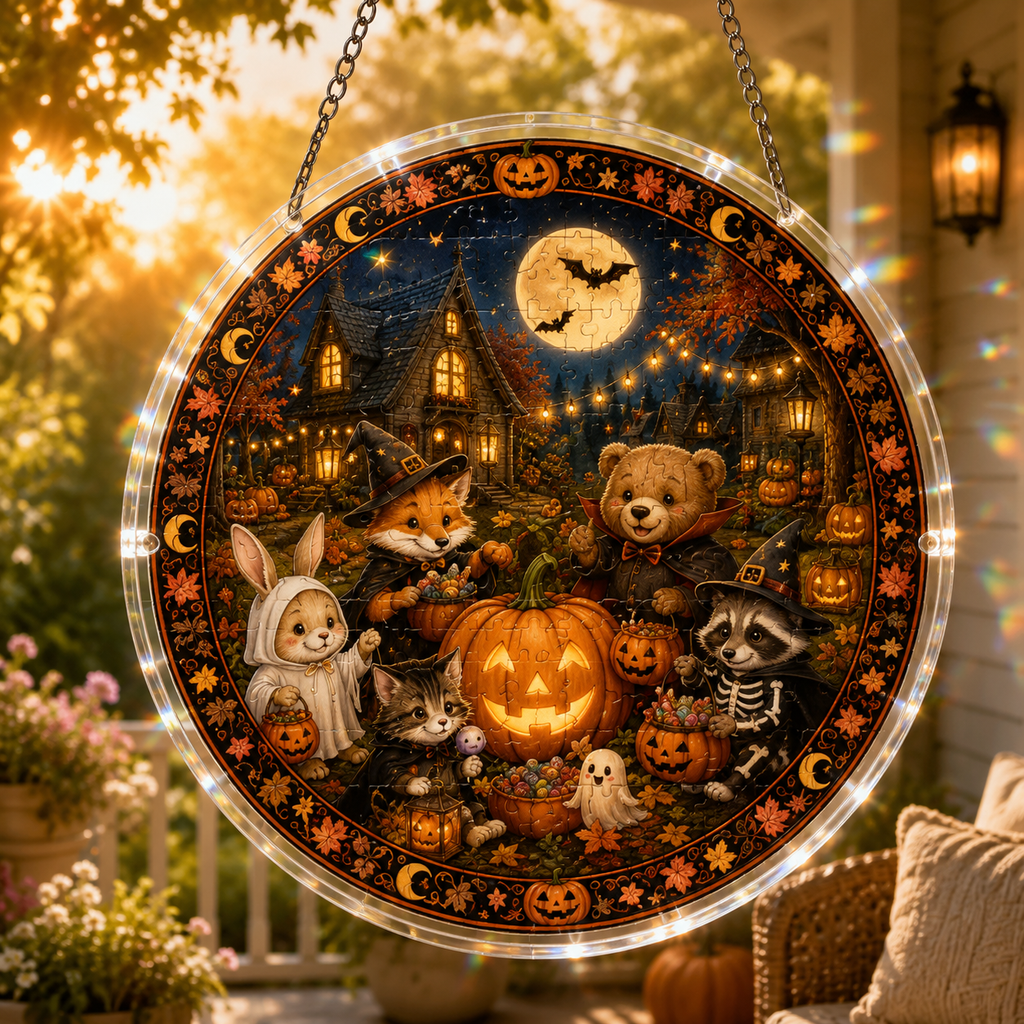 Halloween Acrylic Jigsaw Puzzle Suncatcher - Woodland Pumpkin Patch