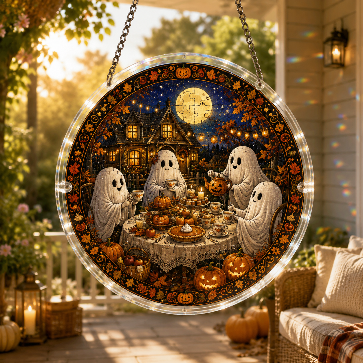 Halloween Acrylic Jigsaw Puzzle Suncatcher - Ghost Dinner Party
