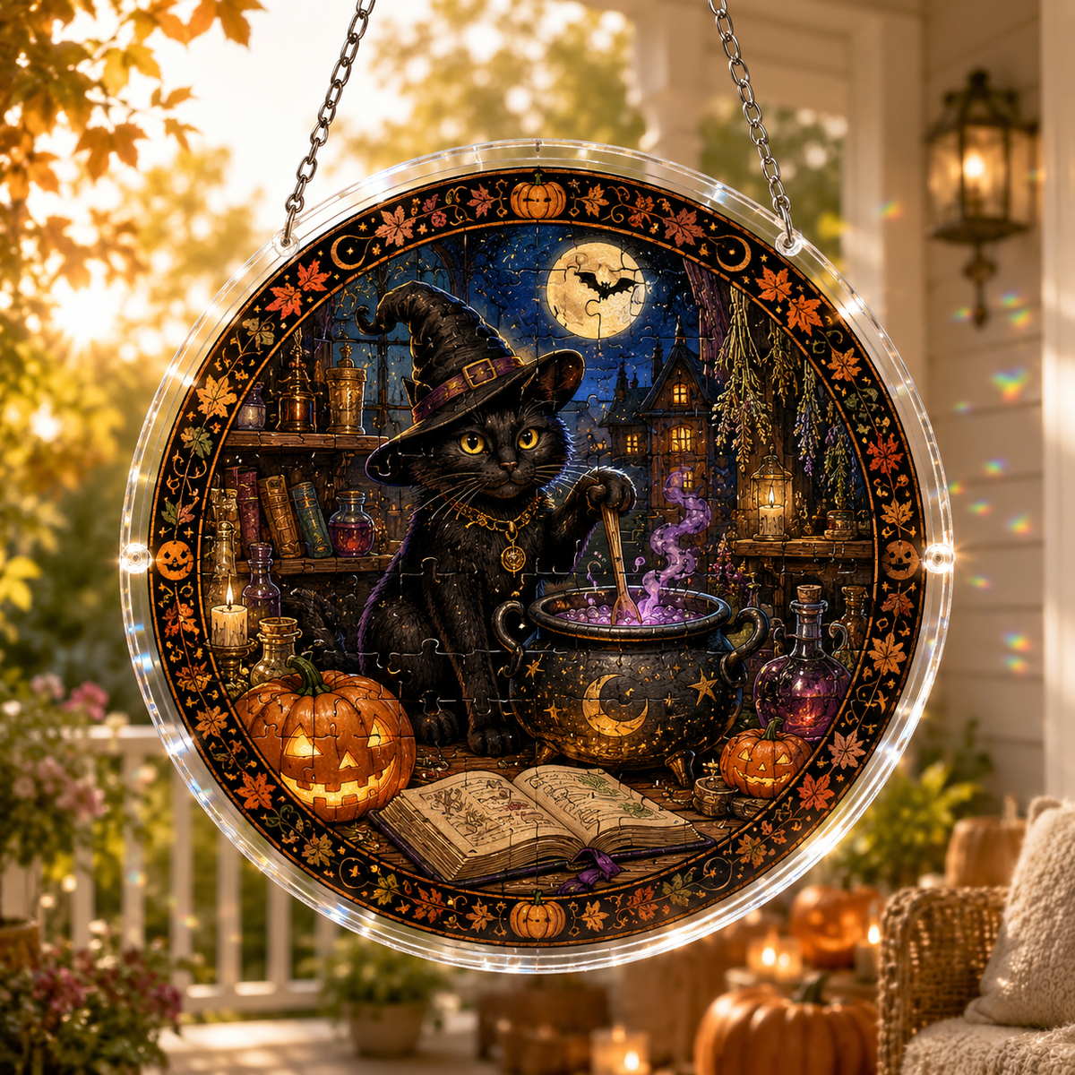 Halloween Acrylic Jigsaw Puzzle Suncatcher - Black Cat Brew Master