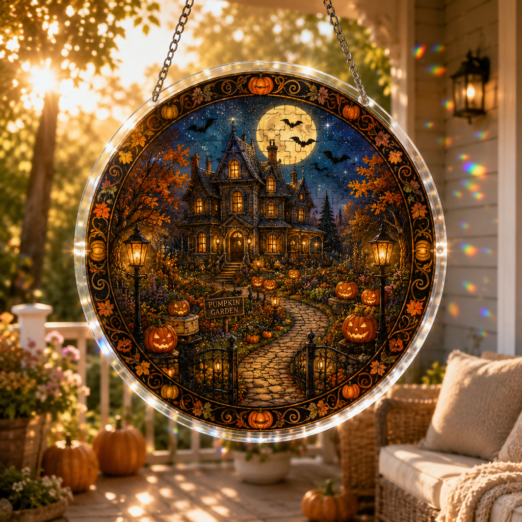 Halloween Acrylic Jigsaw Puzzle Suncatcher - Haunted Mansion Path
