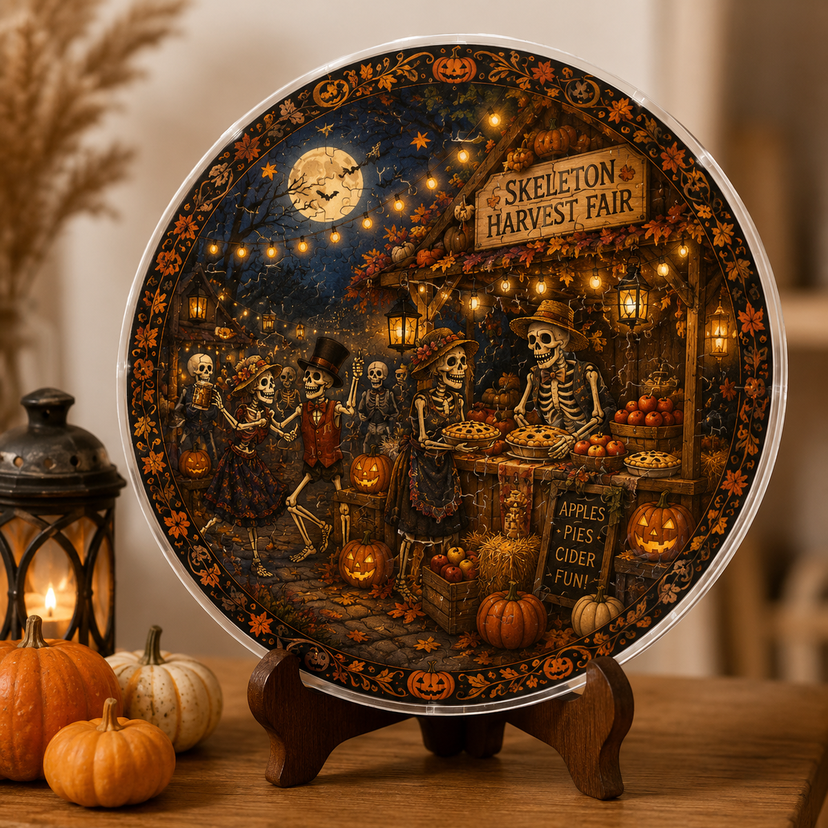 Halloween Acrylic Jigsaw Puzzle Suncatcher - Skeleton Harvest Fair