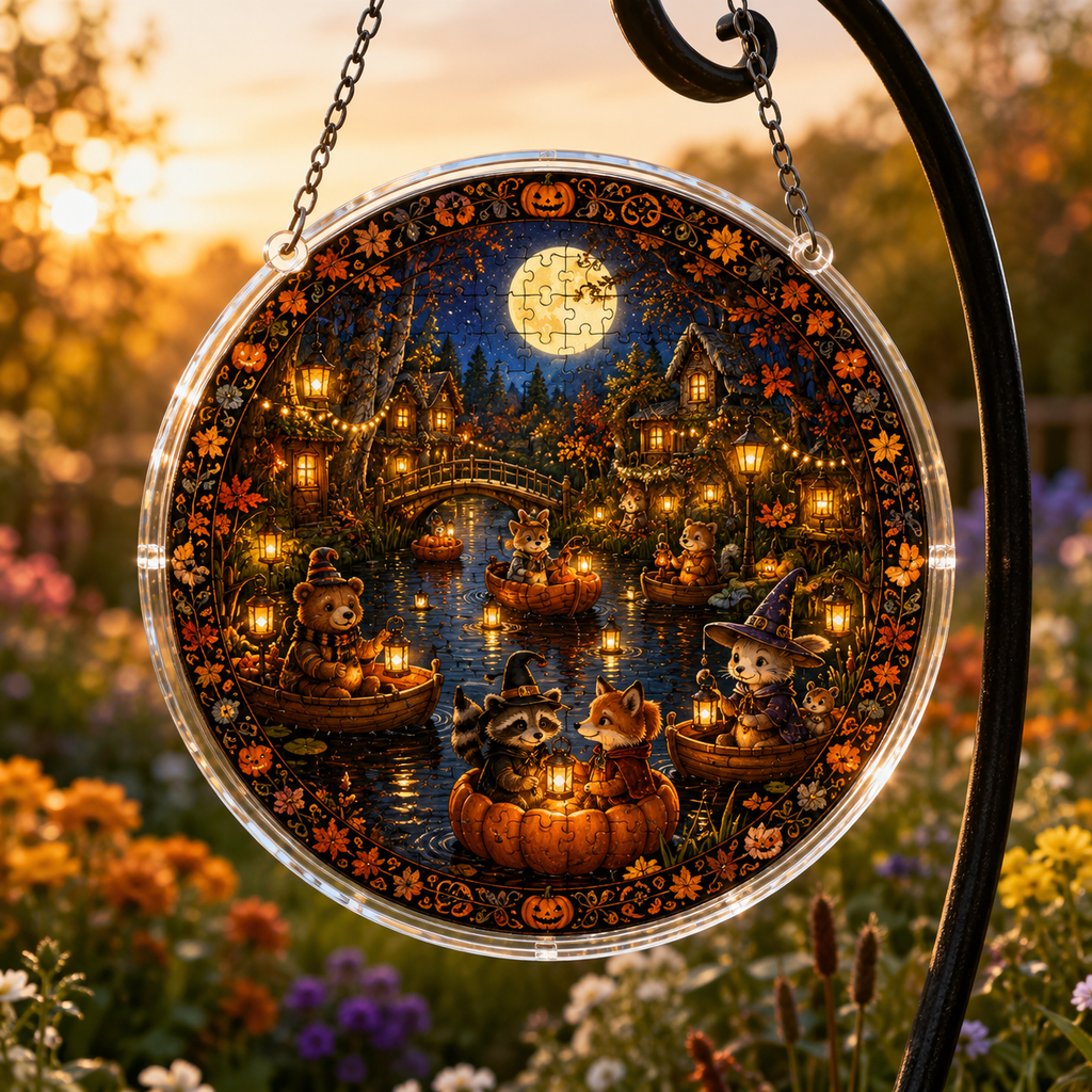 Halloween Acrylic Jigsaw Puzzle Suncatcher - Pumpkin River Cruise