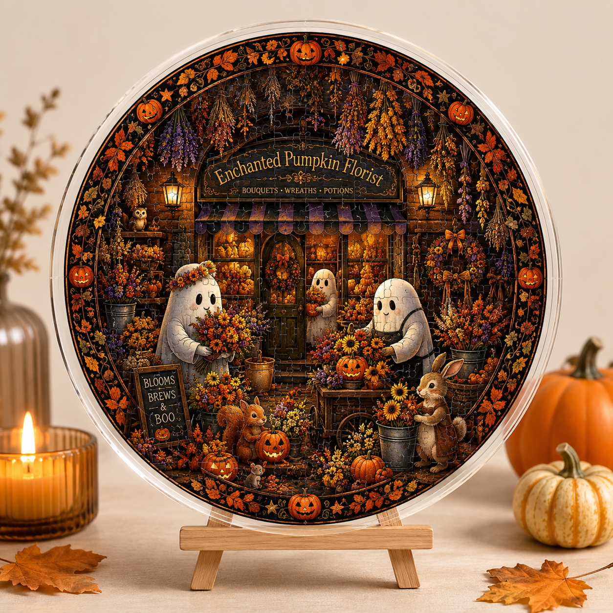 Halloween Acrylic Jigsaw Puzzle Suncatcher - Enchanted Pumpkin Florist