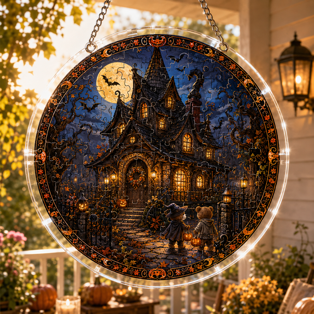 Halloween Acrylic Jigsaw Puzzle Suncatcher - Spooky Manor Moonlight