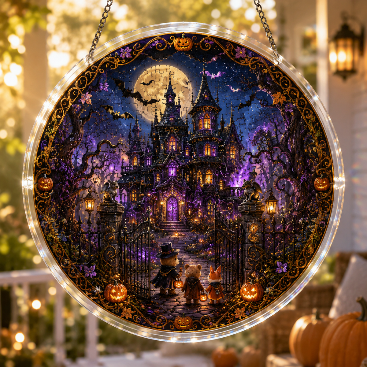 Halloween Acrylic Jigsaw Puzzle Suncatcher - Haunted Castle Gate